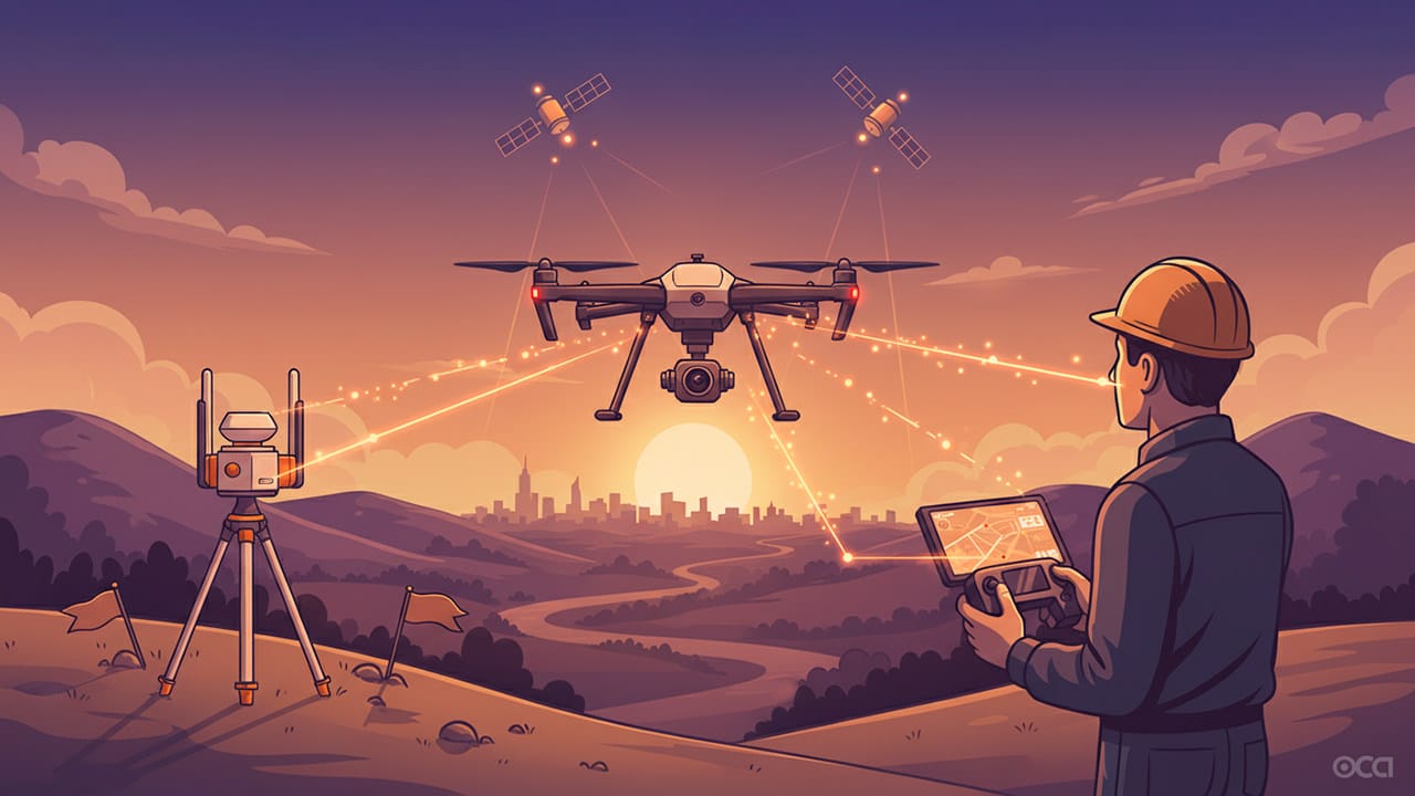 Drone de mapeamento RTK recebendo correções de base GNSS e satélites